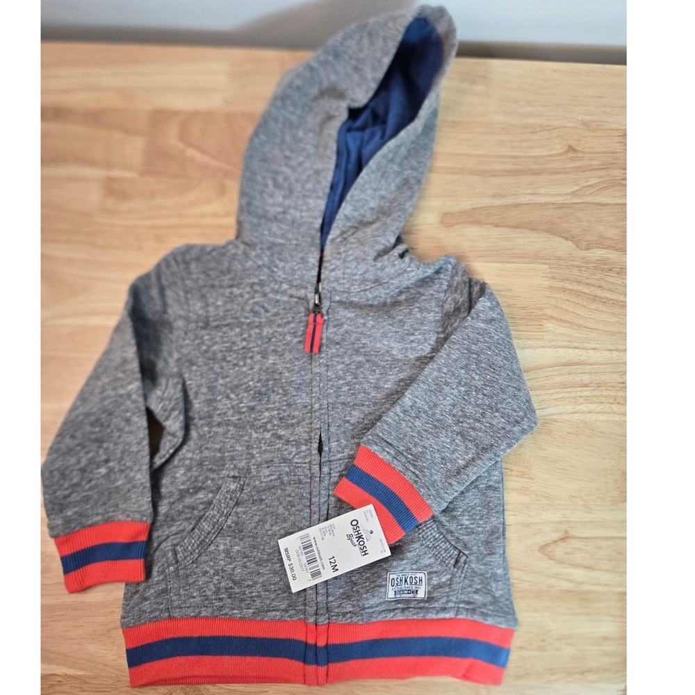 OshKosh Bgosh Baby Boys Gray Full Zip Hoodie Orange Navy Striped 12M NWT